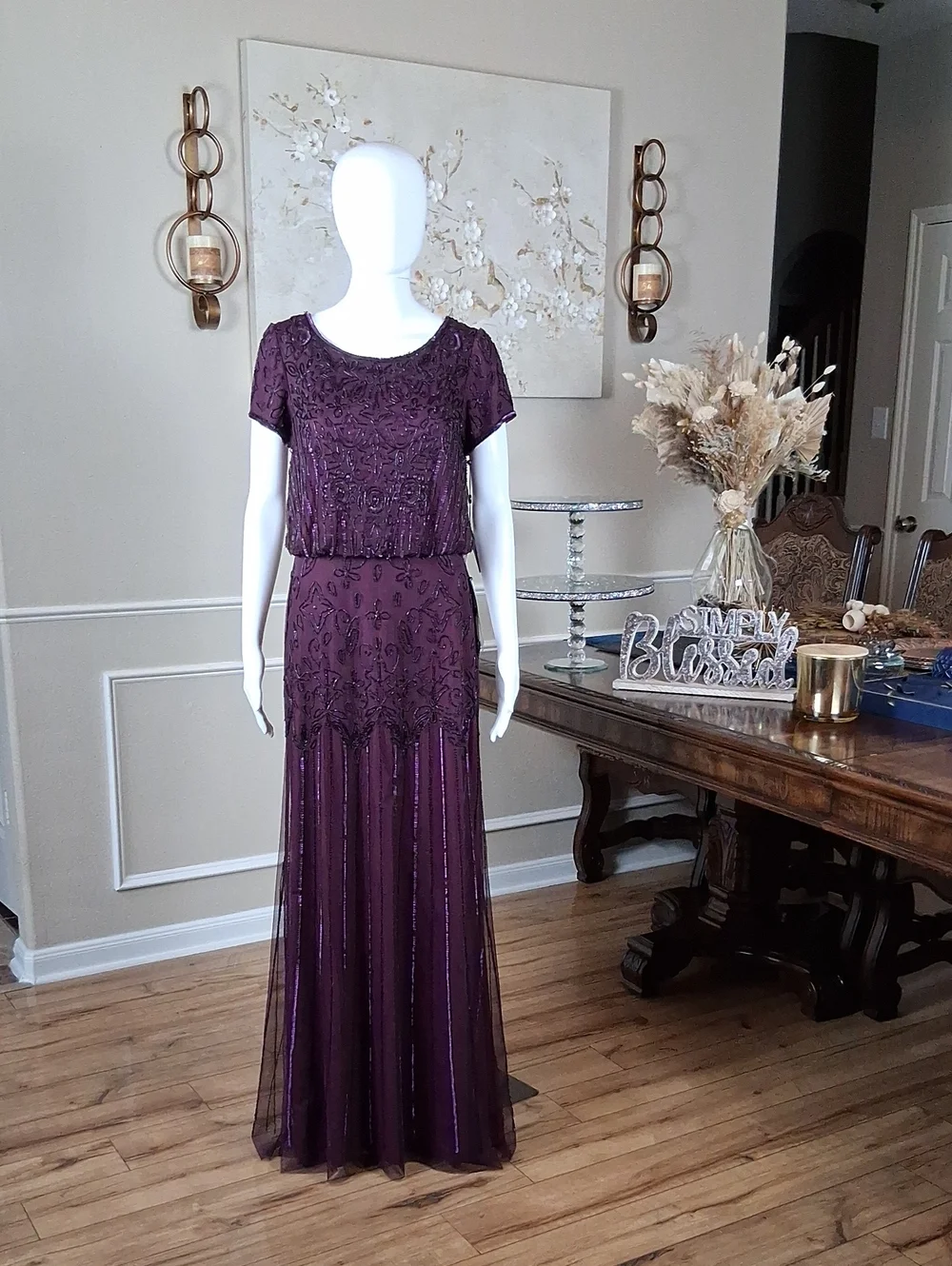 New Adrianna Papell Evening Beaded Dress Plum Floor-Length Short Sleeves Small - Picture 9 of 16